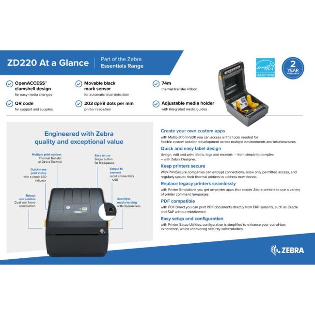 Zebra Zd220t Thermal Transfer Label Printer Zd22042 T0eg00ez Printer Base 4231