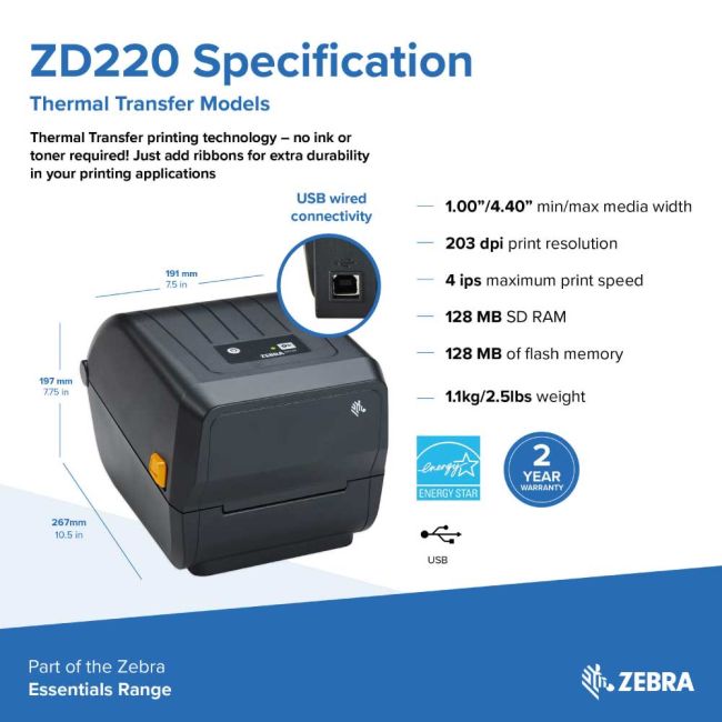 Zebra Zd220t Thermal Transfer Label Printer Zd22042 T0eg00ez Printer Base 9896