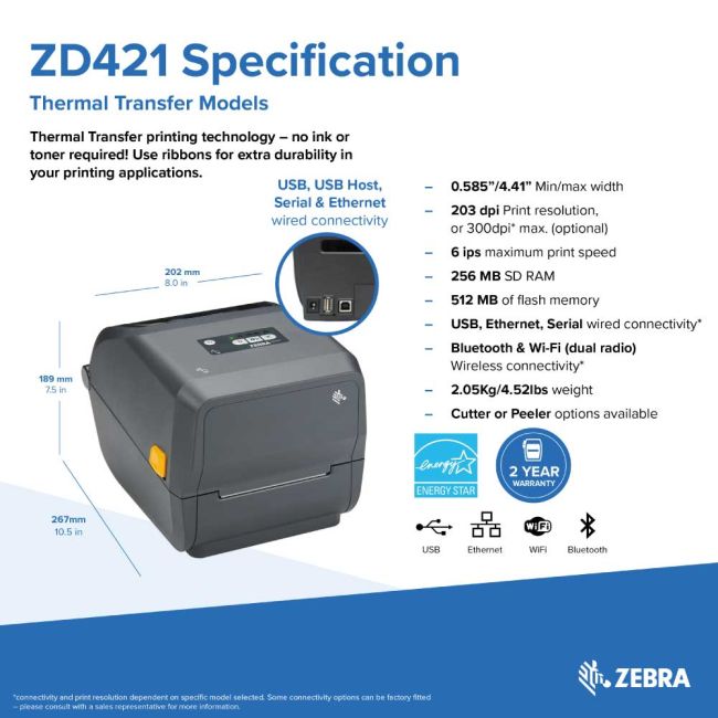 Zebra Zd421 Thermal Transfer Label Printer Usb Wireless Network And Bluetooth Printer Base 2907