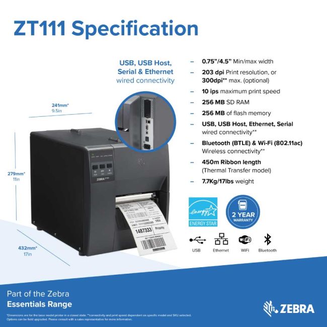 Zebra ZT111 Direct Thermal Label Printer (USB, Serial Bluetooth ...